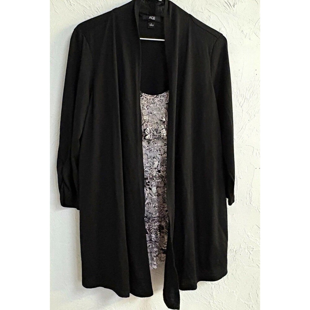 AGB Womens L Black Solid Knit Open-Front Long Sleeve Blouse